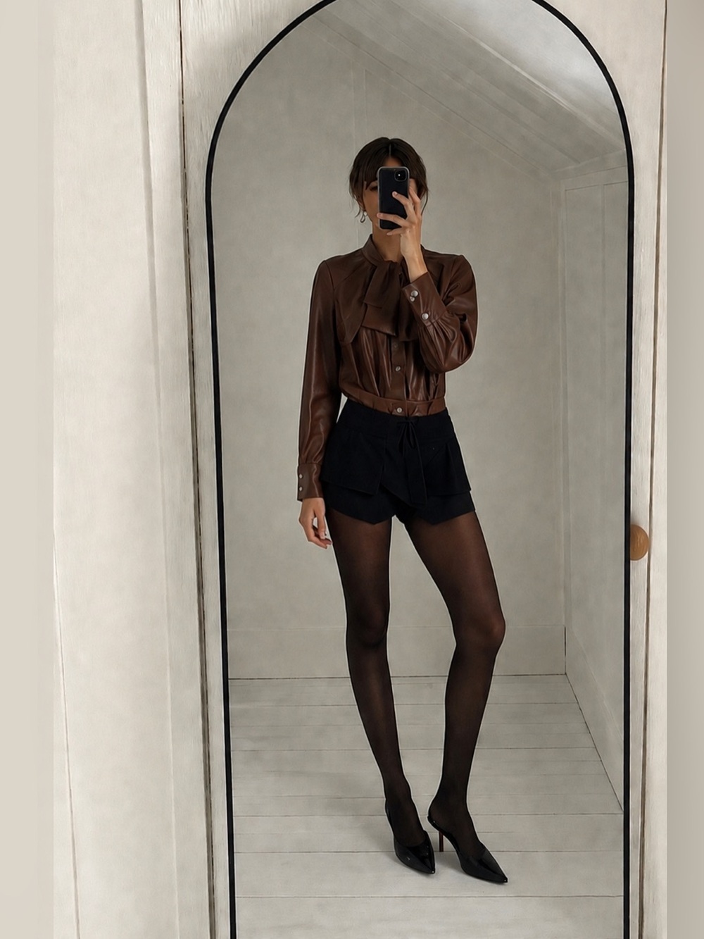 Zara Burgundy Faux Leather Blouse XS Tie Neck Vegan Leather Top